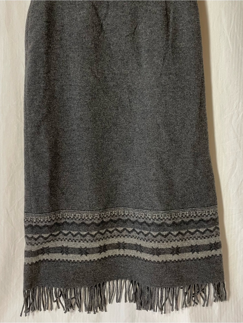 Talbots Charcoal Gray Maxi Skirt with Patterned Hem and Fringe Trim
